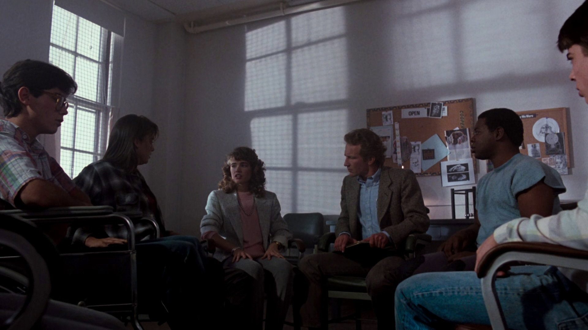 Group therapy scene at Westin Hills from Dream Warriors, Kincaid on the right